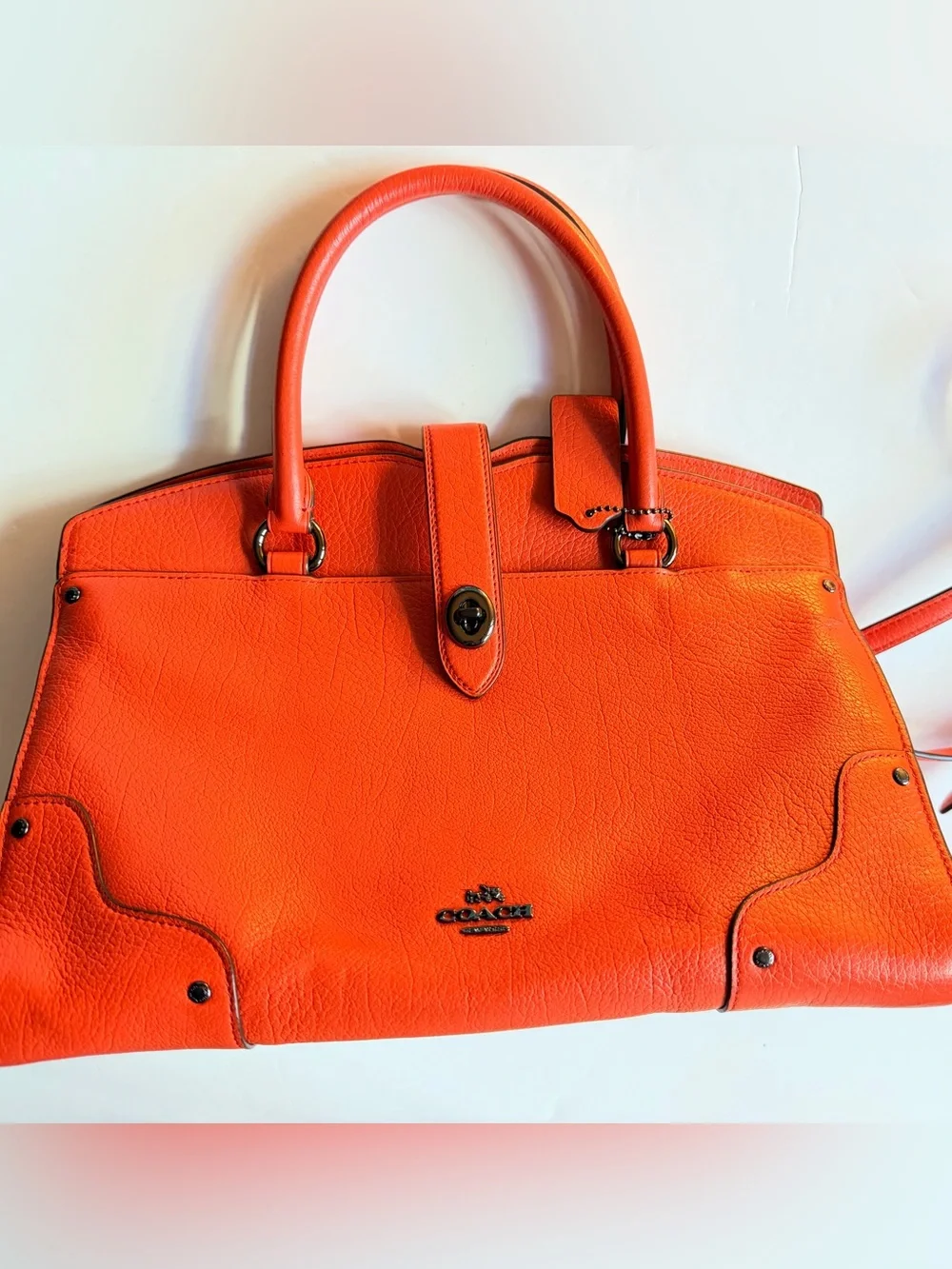 Coach Mercer Red/Orange Pebbled Leather Satchel 2 way handbag